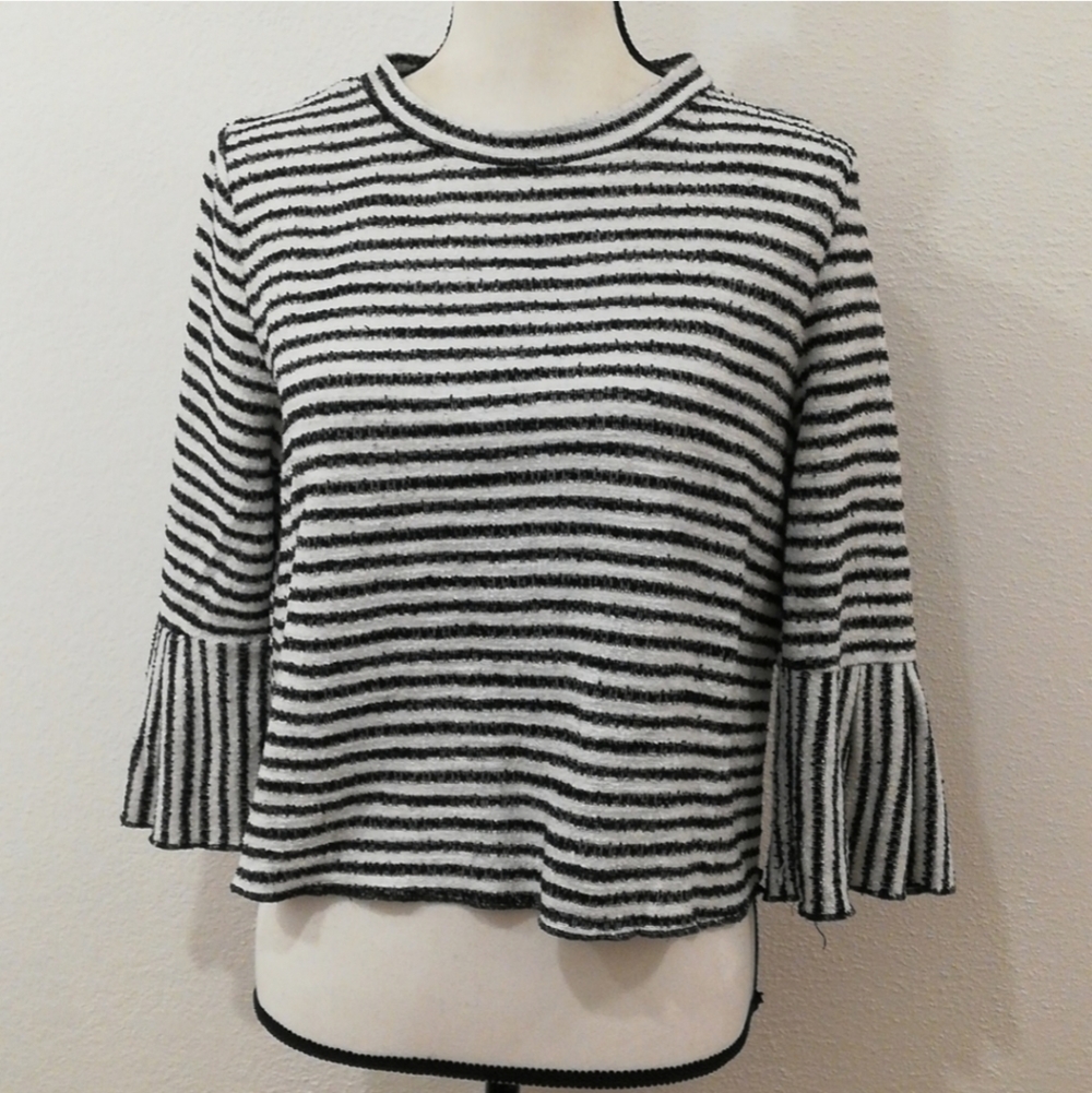 Urban Romantics Black White Striped Dressy Tweed Sweater Size L